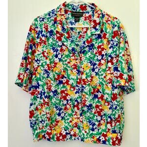 Vintage 70’s Haberdashery Colorful White Blue Top Floral Blouse 16 XL XXL Plus